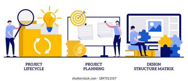 Project life cycle and planning, design structure matrix concept with tiny people. Business case abstract vector illustration set. Business analysis, visual representation metaphor.