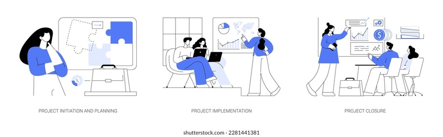 Conjunto de ilustraciones vectoriales de concepto abstracto del ciclo de vida del proyecto. Inicio y planificación de proyectos, implementación y cierre, administración de empresas de TI, flujo de trabajo, metáfora abstracta de la versión de productos.