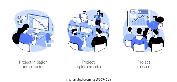 Project lifecycle isolated cartoon vector illustrations set. Initiation and planning, project manager at work, implementation stage, presentation and closure, software development vector cartoon.