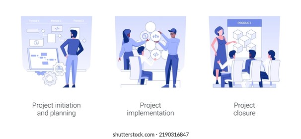 Project lifecycle isolated concept vector illustration set. Project initiation and planning, implementation and closure, IT company management, working workflow, product release vector cartoon.