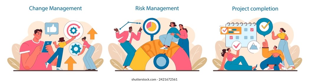 Projektlebenszyklus-Set. Adaptive Strategien für Change Management, proaktive Risikobewertung und die Fertigstellung von Projekten. Grundlegende Phasen für den Erfolg von IT-Projekten. Flache Vektorgrafik.