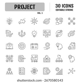 Project line editable icon set. Containing Business, management, planning, project, startup, marketing, teamwork and more. Vector illustration