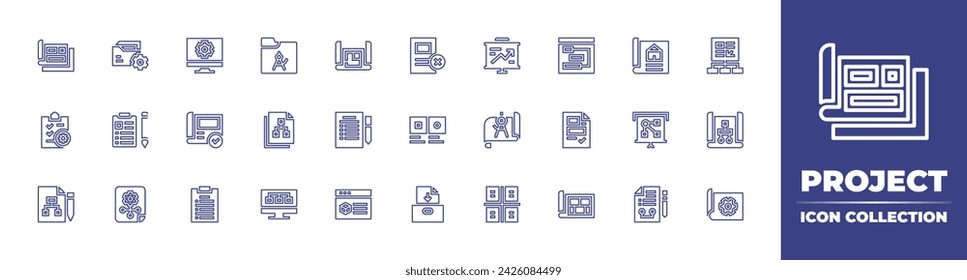 Project line icon collection. Editable stroke. Vector illustration. Containing project management, presentation, blueprint, compass, briefing, project, architecture, property, checklist, workflow.
