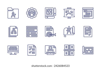 Conjunto de iconos de línea de proyecto. Trazo editable. Ilustración vectorial. Conteniendo la gestión del proyecto, presentación, proyecto, plan del proyecto, brújula, objetivo, breve, dibujo técnico.