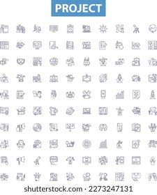 Project line icons, signs set. Development, Planning, Management, Construction, Planning, Implementation, Design, Delivery, Execution outline vector illustrations.