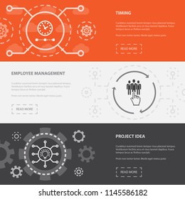 Project management 3 horizontal webpage banners template with Timing, Employee management, Project idea concept icons. Flat modern isolated icon illustration.