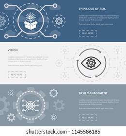 Project management 3 horizontal webpage banners template with Think out of box, Vision, task management concept icons. Flat modern isolated icon illustration.