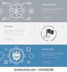 Project management 3 horizontal webpage banners template with Project manager, Milestone, Project team concept icons. Flat modern isolated icon illustration.