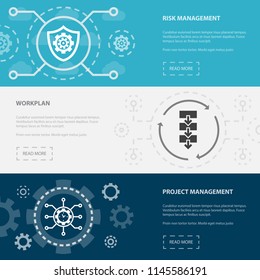 Project management 3 horizontal webpage banners template with Risk management, Workplan, Project management concept icons. Flat modern isolated icon illustration.