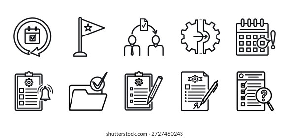 Project Management 3B Conjunto de iconos Estilo de esquema simple contiene Tarea Recurrente, Marcador de prioridad, Delegación de tarea, Dependencias, Atrasado, Recordatorio, Notificación, Archivar, Carpeta completada, Edición, Actualizar, Aprobación de tarea, Cerrar sesión, Revisar, Auditoría