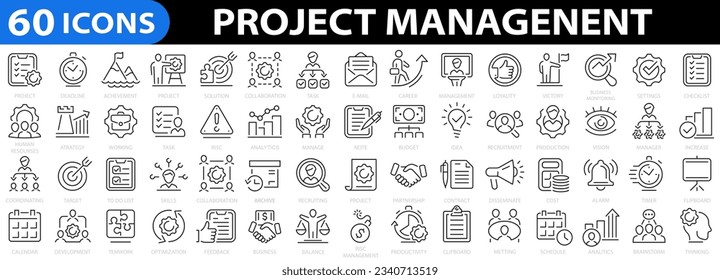 Conjunto de iconos de administración de proyectos 60. Plazo, medios de comunicación, trabajo en equipo, negocios, planificación, estrategia, marketing, estrategia, planificación. Ilustración vectorial.