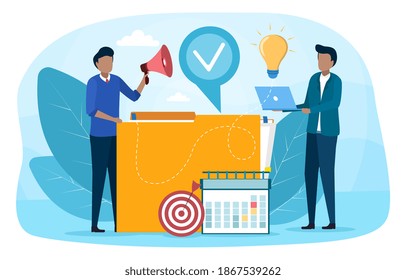 Concepto de retiro de la gestión de proyectos. Estrategia, motivación y liderazgo exitosos. Análisis y desarrollo de marketing. Ilustración vectorial en estilo de dibujos animados planos