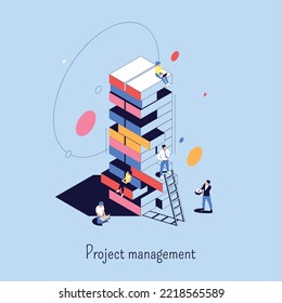 Project management abstract background with small people on high tower consisting of loose elements symbolizing business risks isometric vector illustration