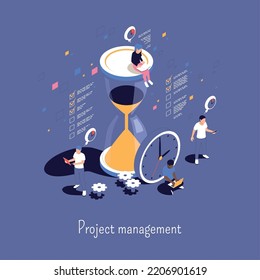 Project management abstract background with team of partners small characters gathered around big sandglass isometric vector illustration