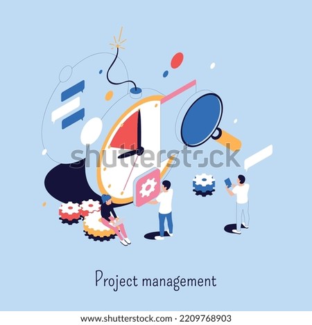 Project management abstract concept consisting of magnifier clock gears people communication isometric icons vector illustration