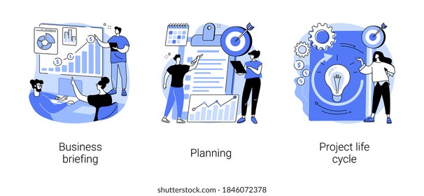 Project management abstract concept vector illustration set. Business briefing, planning project life cycle, task assignment, business case, financial data report, risk management abstract metaphor.