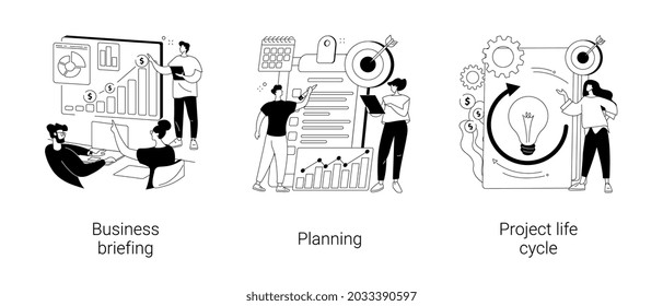 Project management abstract concept vector illustration set. Business briefing, planning project life cycle, task assignment, business case, financial data report, risk management abstract metaphor.