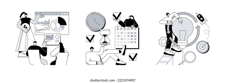 Project Management Abstract Concept Vector Illustration Set. Business Briefing, Planning Project Life Cycle, Task Assignment, Business Case, Financial Data Report, Risk Management Abstract Metaphor.