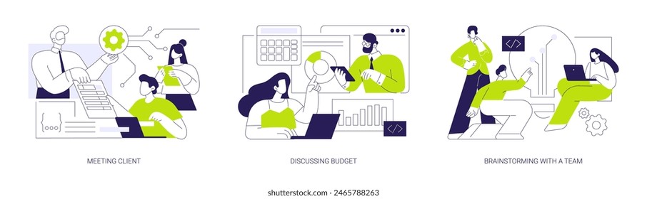 IT project management abstract concept vector illustration set. Meeting client, discussing budget, brainstorming and briefing with team, software development, teamwork organization abstract metaphor.