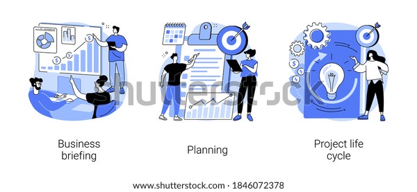Project management abstract concept vector\
illustration set. Business briefing, planning project life cycle,\
task assignment, business case, financial data report, risk\
management abstract\
metaphor.