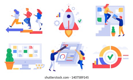 Project management. Agile development, scrum board sprints and developing teamwork managements vector illustration set