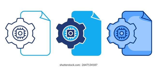 Ícone de AI de gerenciamento de projeto representado por chip, engrenagem, documento azul, Dualline, Dualtone estilo.