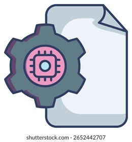 Project management AI icon represented by chip, gear, documnet Lineal Color style.