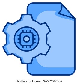 Project management AI icon represented by chip, gear, documnet Blue style.