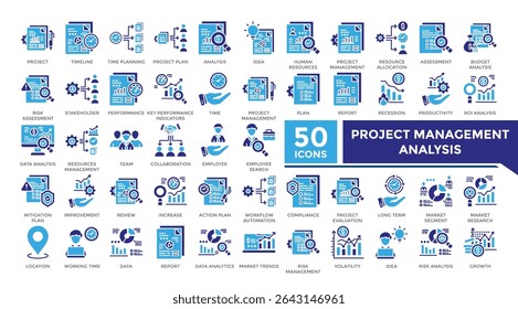 Project management analysis icon solid two color set collection. This set includes project, audit, resource, budget, data, analysis, plan and more icon in solid style. Icons collection for infographic