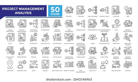 Análisis de gestión de proyectos colección lineal de iconos. Este conjunto incluye proyecto, auditoría, asignación de recursos, presupuesto, datos, análisis y más iconos en estilo lineal. Colección de iconos para infografías