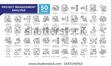 Project management analysis lineal icon set collection. This set includes project, audit, resource allocation, budget, data, analysis and more icons in lineal style. Icons collection for infographics