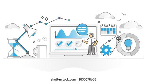 Project management analysis as work process control monocolor outline concept. Company task progress development monitoring with balancing done jobs and time pressure to deadline vector illustration.