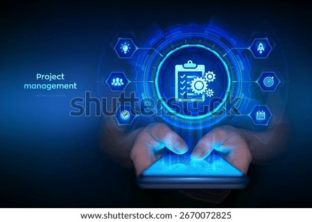 Project management app. Effective time planning technology concept. Project development. Business target. Company strategy. Smartphone in hands. Using smartphone. Vector illustration.
