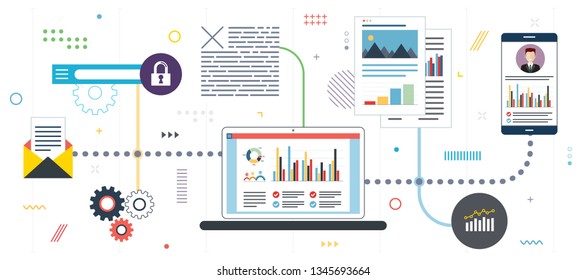 Project management and application analysis. Performance analysis, smartphone with data, application developments. Template in flat design for web banner or infographic in vector illustration.