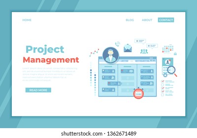 Project Management, Application Service for corporate managing, Team control, Manager, Effective distribution of tasks, Planning, Organization, Planner. landing page template, web banner. Vector