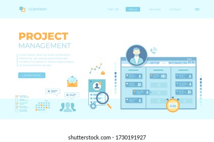 Project Management, Application Service for managing, Team control, Manager, Effective distribution of tasks, Planning, Organization, Planner. Can use for web banner, landing page, web template.