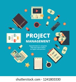 Project management background. Concept of office perfect team manage working processes annual strategy vector flat pictures