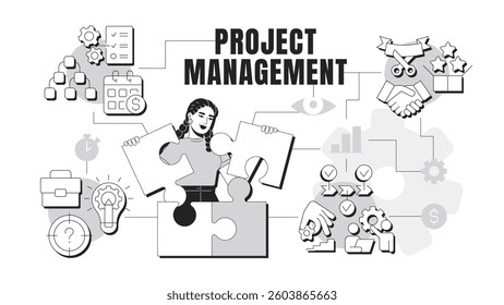 Project management banner conceptual illustration. Workflow organization, tasks. Goal, milestone. Efficiency, performance. Abstract idea with stylized character, outline icons. Monochrome vector