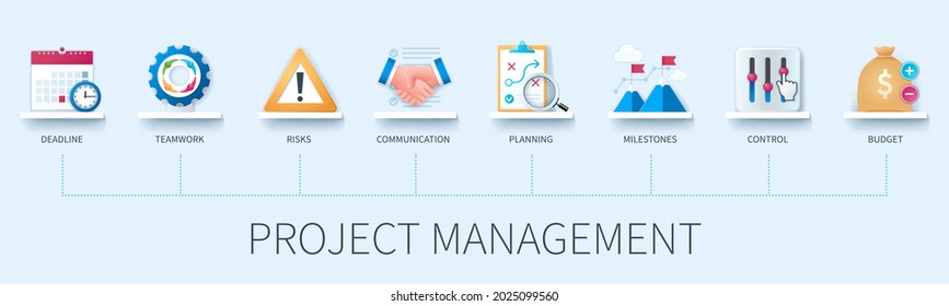 Project Management Banner With Icons. Deadline, Teamwork, Risks, Communication, Planning, Milestones, Control, Budget Icons. Business Teamwork Concept. Web Vector Infographic In 3D Style