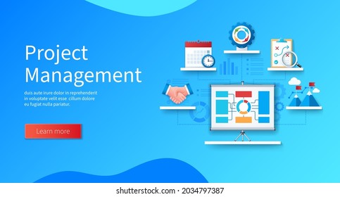 Project management banner. Projector screen with graphs and charts. Schedule, teamwork, handshake, milestones, planning icons. Business concept. Web vector landing page template in 3D style