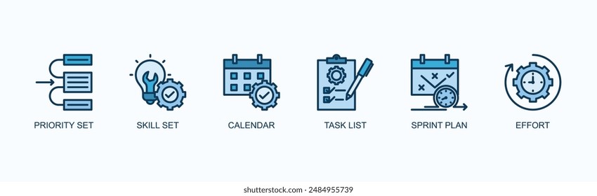 Project Management Banner Web Icon Vektorillustration Konzept mit Prioritätensatz, Skill Set, Kalender, Aufgabenliste, Sprint Paket, Aufwand