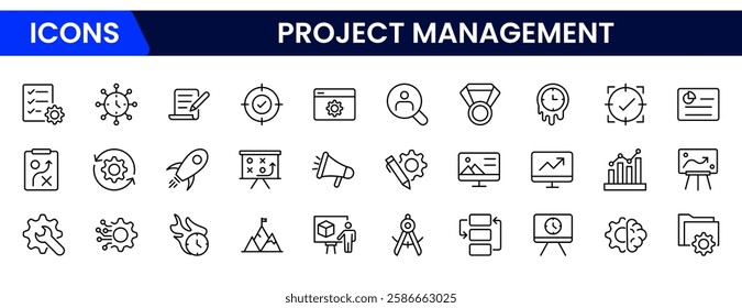 Project management banner website icon vector illustration concept with icon of human resources, risk, scope, cost, communication, time and procurement on white background