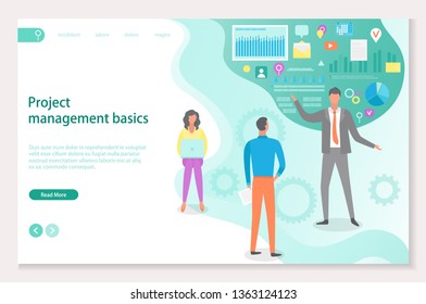 Project management basics vector, boss teaching new workers. Social trends and icons, infographics with data information, video and gear process. Website or webpage template, landing page flat style