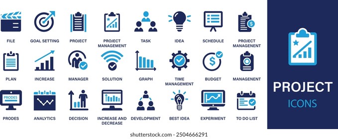 Project management best soild icon set collection. Time management, planning, budget, collaboration, deadline, file, project, task, idea and experiment.