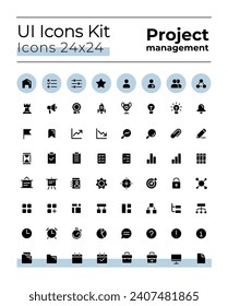 Juego de iconos de glifo negro de administración de proyectos. Planificación empresarial. Símbolos de silueta en el espacio blanco. Pictogramas sólidos para web, móvil. Ilustraciones vectoriales aisladas. Fuente de Poppins utilizada