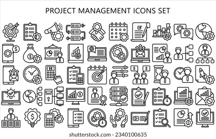 Project Management black outline icons set, contain data analysis, graph, finance, network, idea and more. use for modern concept, UI or UX kit, web and app. vector EPS 10 ready convert to SVG. svg