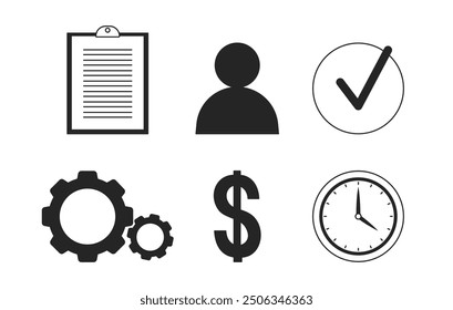 Project management black and white 2D line objects set. Cogwheels, clipboard, money isolated vector outline items collection. Operational efficiency, performance monochromatic flat spot illustrations