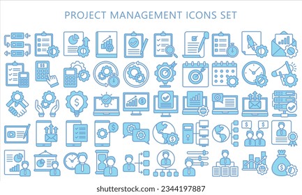 Project Management blue color icons pack, contain data analysis, graph, finance, network, idea and more. use for modern concept, UI or UX kit, web and app. vector EPS 10 ready convert to SVG. svg