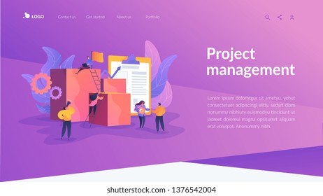Project management, business analysis and planning, waterfall project management concept. Website homepage interface UI template. Landing web page with infographic concept hero header image.