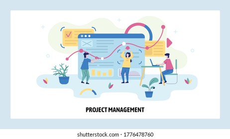 Project management and business analytics concept illustration. Team work with the dashboard. Financial analysis. Vector web site design template